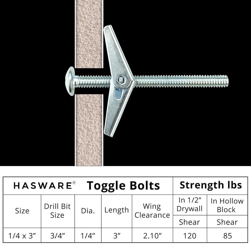 HASWARE Toggle Bolt Zinc Plated Steel and Wing Nut for Hanging Heavy Items on Drywall 1/4x3” (8 Pack) - Image 4